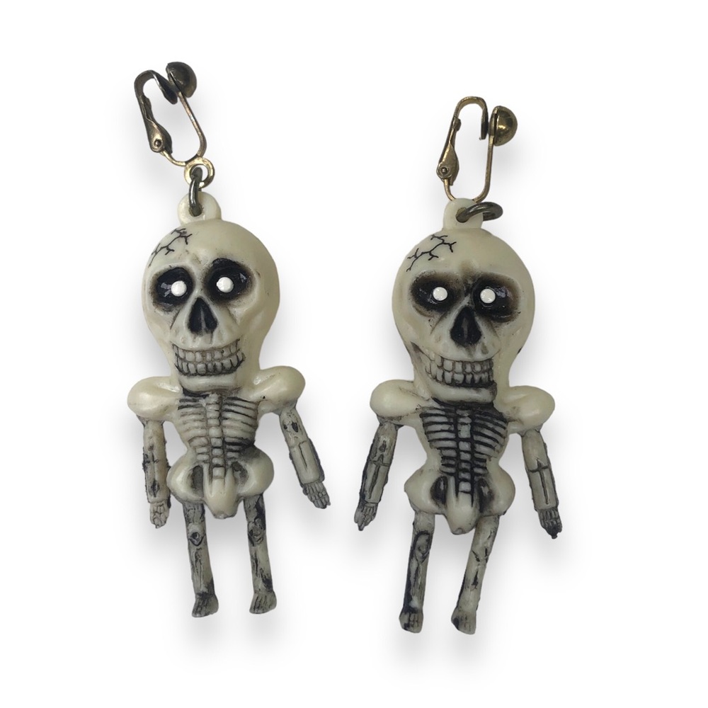 Vintage Moving Articulated Skeleton Earrings Blow Mold Clip-On Halloween Whimsy